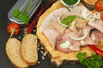 Crushed tuna canned. The fishing industry, canned fish. Diet food. Tinned tuna. Bowl with canned Tuna. Domestic food preparation.
