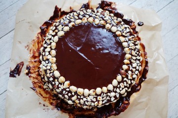 Icing a vegan chocolate and hazelnut cake in the kitchen