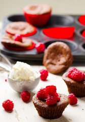 chocolate cake  with ice cream and raspberry.