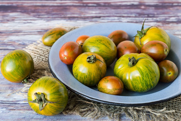 Obraz na płótnie Canvas Tomatoes. Freshly picked tomatoes in a metal bowl on the old wooden table.