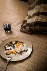 Bedroom Breakfast Concept with Egg and the Coffee. (Home or Hotel Concept.)