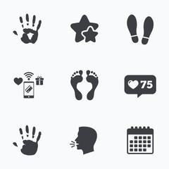 Hand and foot print icons. Imprint shoes symbol.