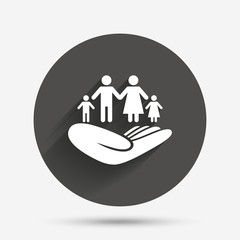 Family insurance sign. Hand holds human group.