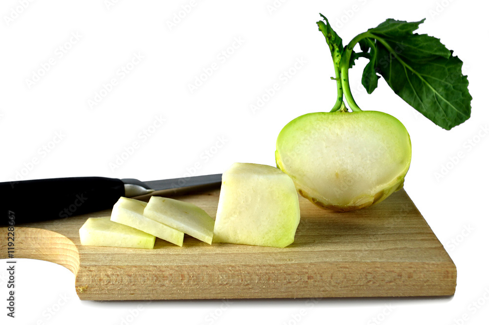 Wall mural Kohlrabi on kitchen board isolated on white background