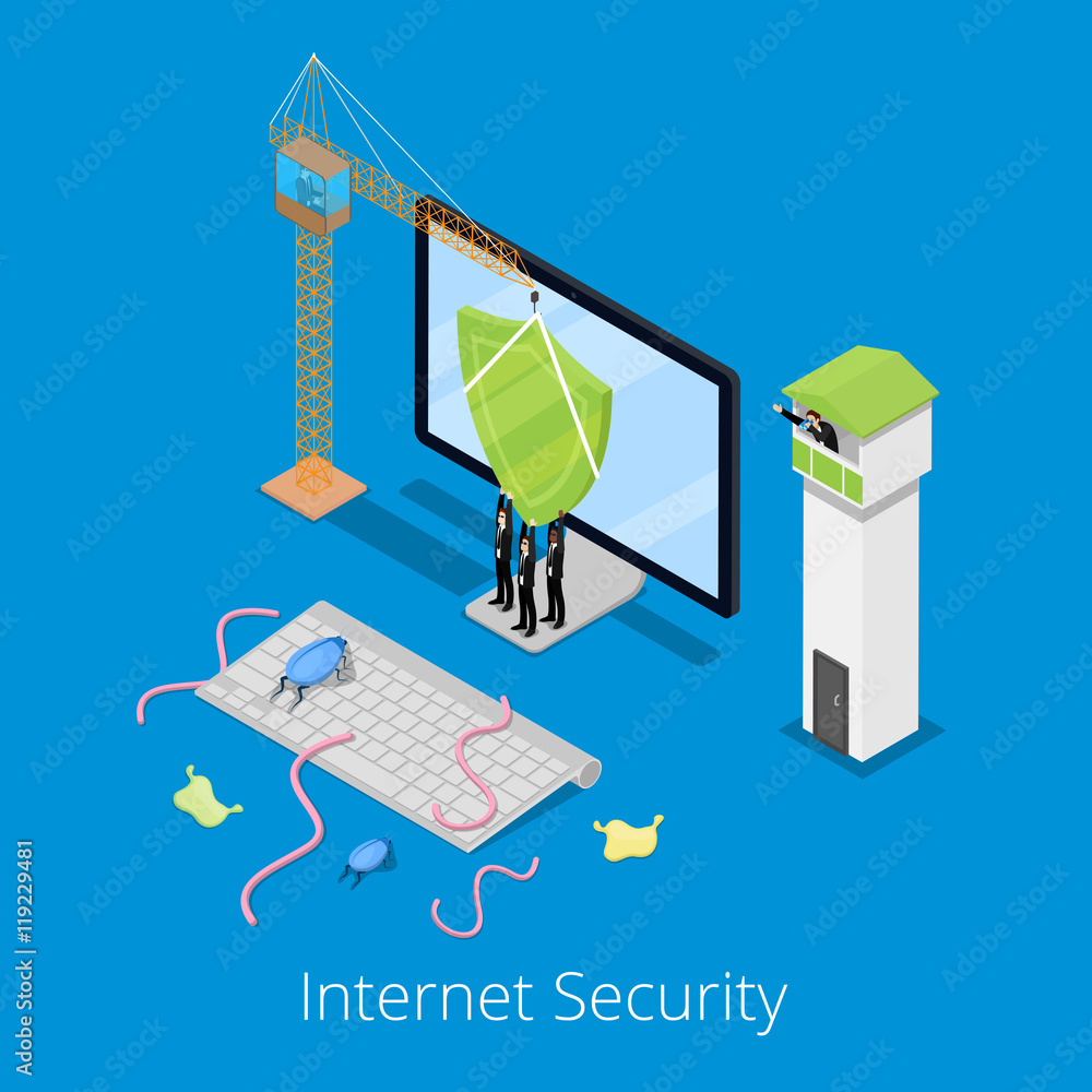 Poster isometric internet security and data protection concept with computer defended by shield from viruse