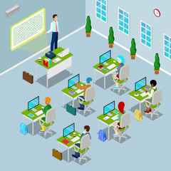 Isometric Computer Classroom with Teacher and Students on Lection. Vector illustration