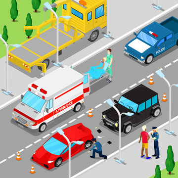 Isometric City Car Accident with Ambulance, Tow Truck and Police Vehicle. Vector illustration