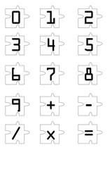 Numbers and math signs in clear white interlocking jigsaw puzzle pieces.