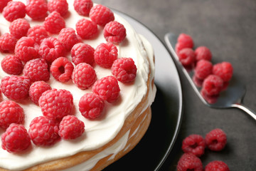 Tasty raspberry cake on plate, closeup