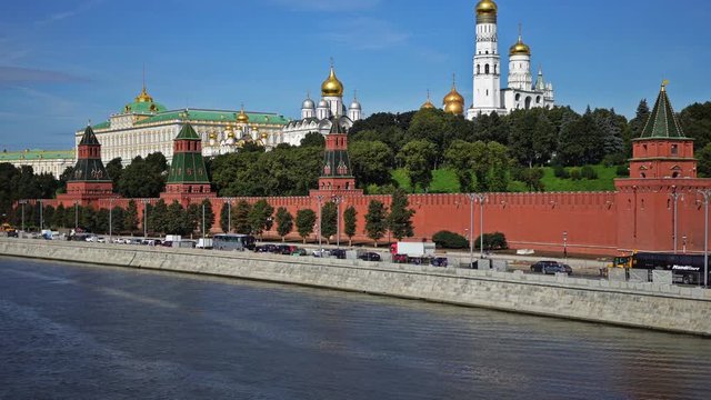 Moscow Kremlin, Moskva River quay, Grand Kremlin Palace, Cathedral of the Annunciation, Cathedral of the Archangel and Ivan the Great Bell Tower. UHD - 4K. August 26, 2016. Moscow. Russia