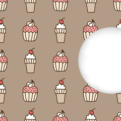 Greeting card background. Paper cut out, white shape with place for text. Frame with seamless pattern. Seamless summer background. Hand drawn pattern. Cake and ice cream cone with a cherry on top