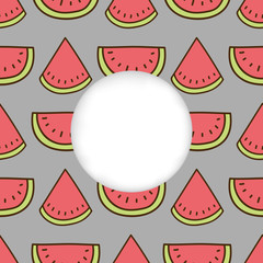 Greeting card background. Paper cut out, white shape with place for text. Frame with seamless pattern. Seamless summer background. Hand drawn pattern. Bright and colorful watermelon backdrop