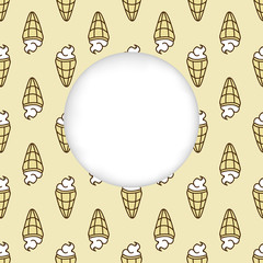 Greeting card background. Paper cut out, white shape with place for text. Frame with seamless pattern. Seamless summer background. Hand drawn pattern. Bright and colorful ice cream cone backdrop
