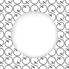 Greeting card background. Paper cut out, white shape with place for text. Frame seamless pattern. Seamless summer hand drawn pattern. Black and white apples. Graphic monochrome minimalistic pattern