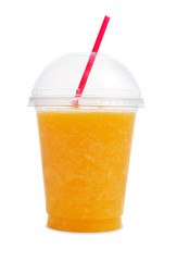 Orange smoothie in plastic cup - obrazy, fototapety, plakaty