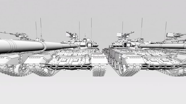 Infimite army tanks row, wide angle sketch animation. Seamless loopable 4K clip