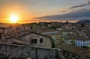 Fototapeta na wymiar Perugia (Umbria) panorama from Porta Sole at sunset