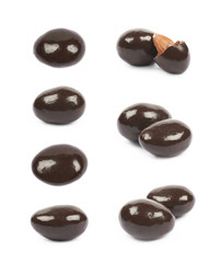 Chocolate coated almond nuts isolated