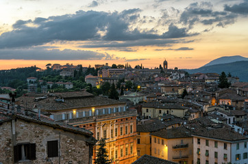 Fototapeta na wymiar Perugia (Umbria) panorama from Porta Sole at sunset