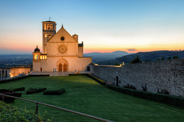 Assisi (Umbria) Basilica di San Francesco at sunset - obrazy, fototapety, plakaty