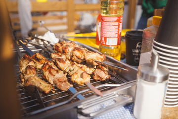 juicy meat on skewers in the sun