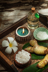 close up view of spa theme objects on color back