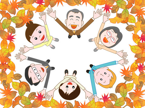 紅葉の中を歓喜するビジネスマン