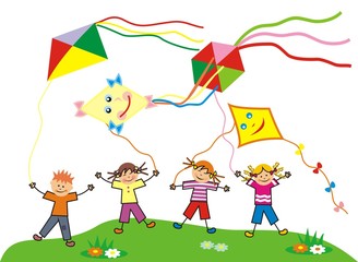 Fototapeta na wymiar four children and kites on meadow, autumn, vector illustration