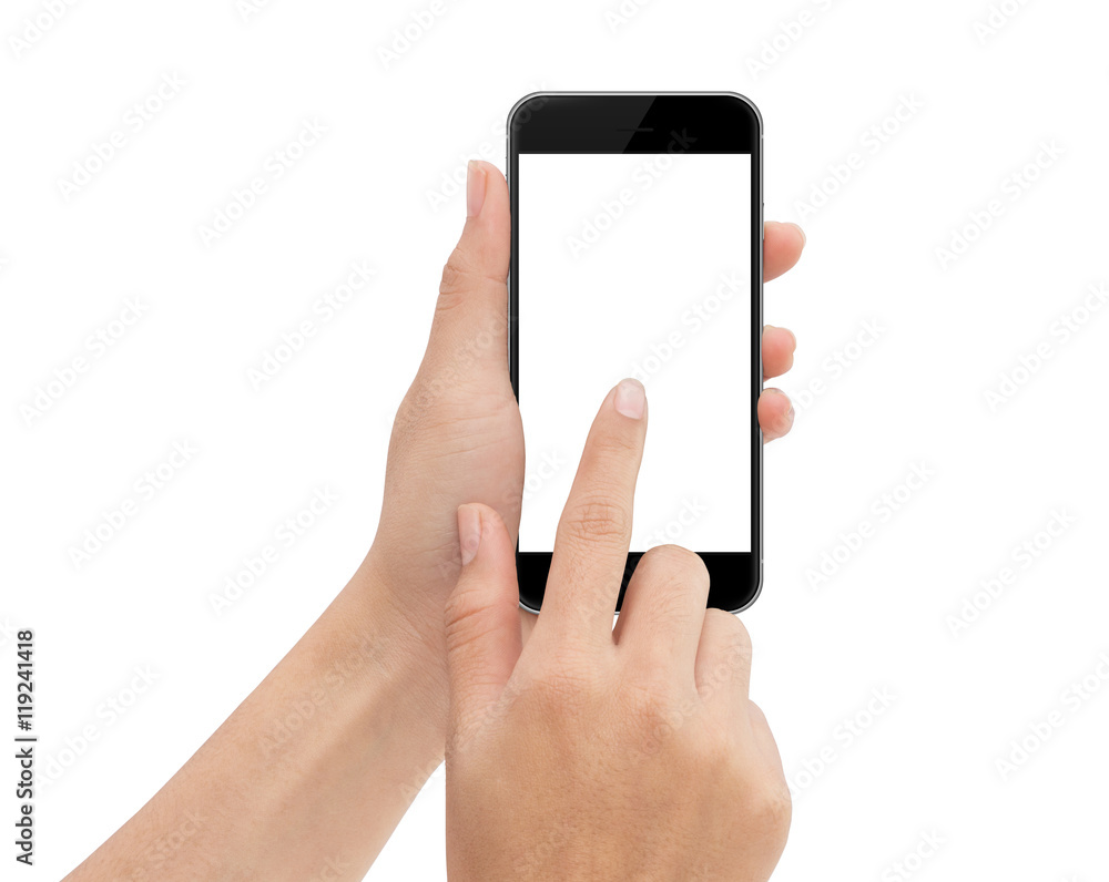 Aufkleber hand touch phone isolated with clipping path on white background
