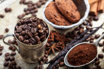 Cups with coffee beans