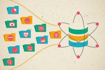 Big Data, Data Science and communication concept. Flow of information data folders through database icon.