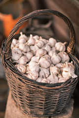 Vintage still life with garlic and basket