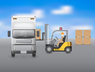 Vector of driver or worker to loading goods in crate box into storage of cargo container on truck at port by forklift for logistic, shipping and delivery. Freight transport, distribution industry.