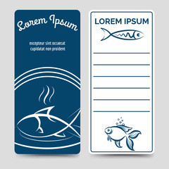 Vertical banners with fish. Blue and white sea food restaurant vector flyers