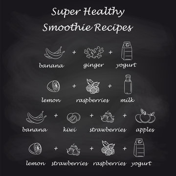Healthy smoothie recipes in pictures. Hand drawn smoothie vector recipes on black background