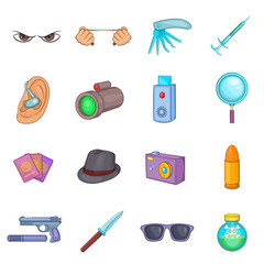 Spy and security icons set in cartoon style. Detective equipment set collection vector illustration