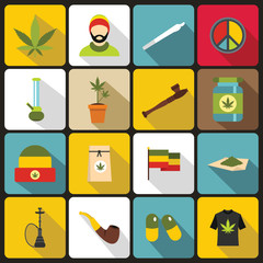 Rastafarian icons set in flat style. set collection. Marijuana equipment vector illustration