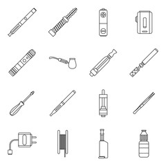Vape icons set in outline style. Electronic cigarette and accessories set collection vector illustration