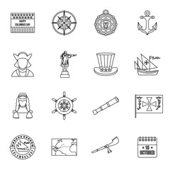 Columbus Day icons set in outline style. Sailing equipment set collection vector illustration