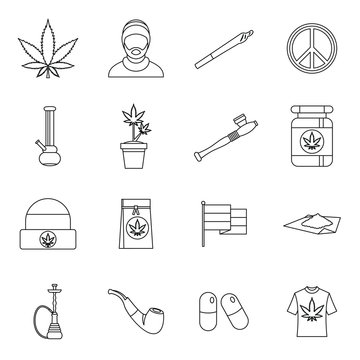 Rastafarian icons set in outline style. Marijuana equipment set collection vector illustration