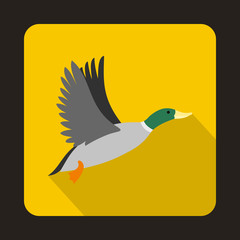 Flying wild duck icon in flat style with long shadow