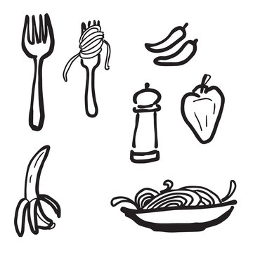 Spaghetti chili drawing icons set