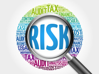 RISK word cloud with magnifying glass, business concept 3D illustration