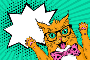 Wow pop art red cat  face. Funny surprised cat in glasses with open mouth rising his paws up. Vector illustration in retro comic style. Vector pop art background.