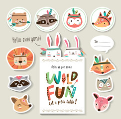 Set of cartoon card and sticker with woodland animals