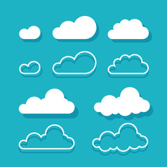 Clouds vector isolated on blue sky background, flat cartoon cloud set, collection of line art outline cloud shapes