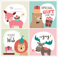 Set of greeting cards with cute cartoon animals