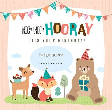 Birthday card with cute cartoon animals