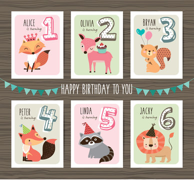 Birthday cards with birthday anniversary number and cute animals
