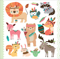 Obraz na płótnie Canvas Set of cute tribal animals in cartoon style